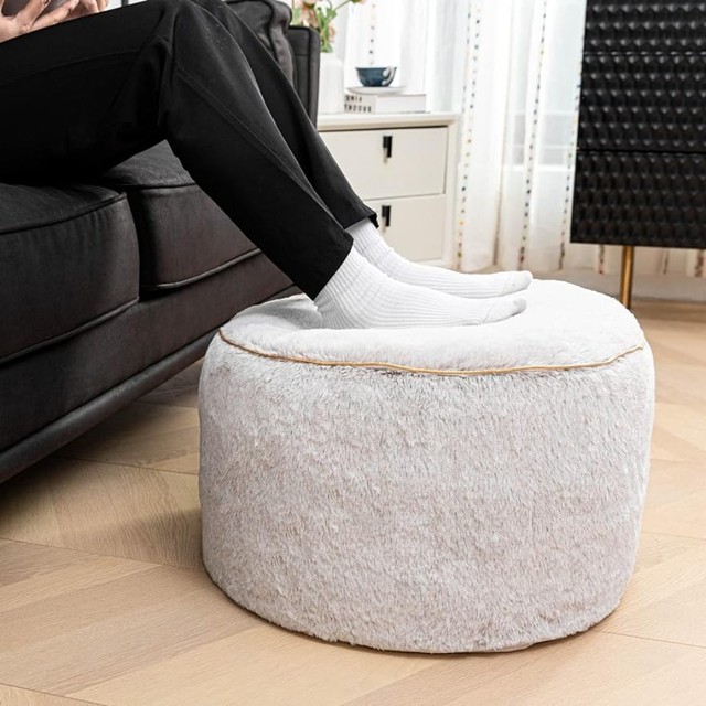 Round Stuffed Pouf Ottoman Faux Fur Ottoman Foot Rest Under Desk Foot Stool  Great for Living